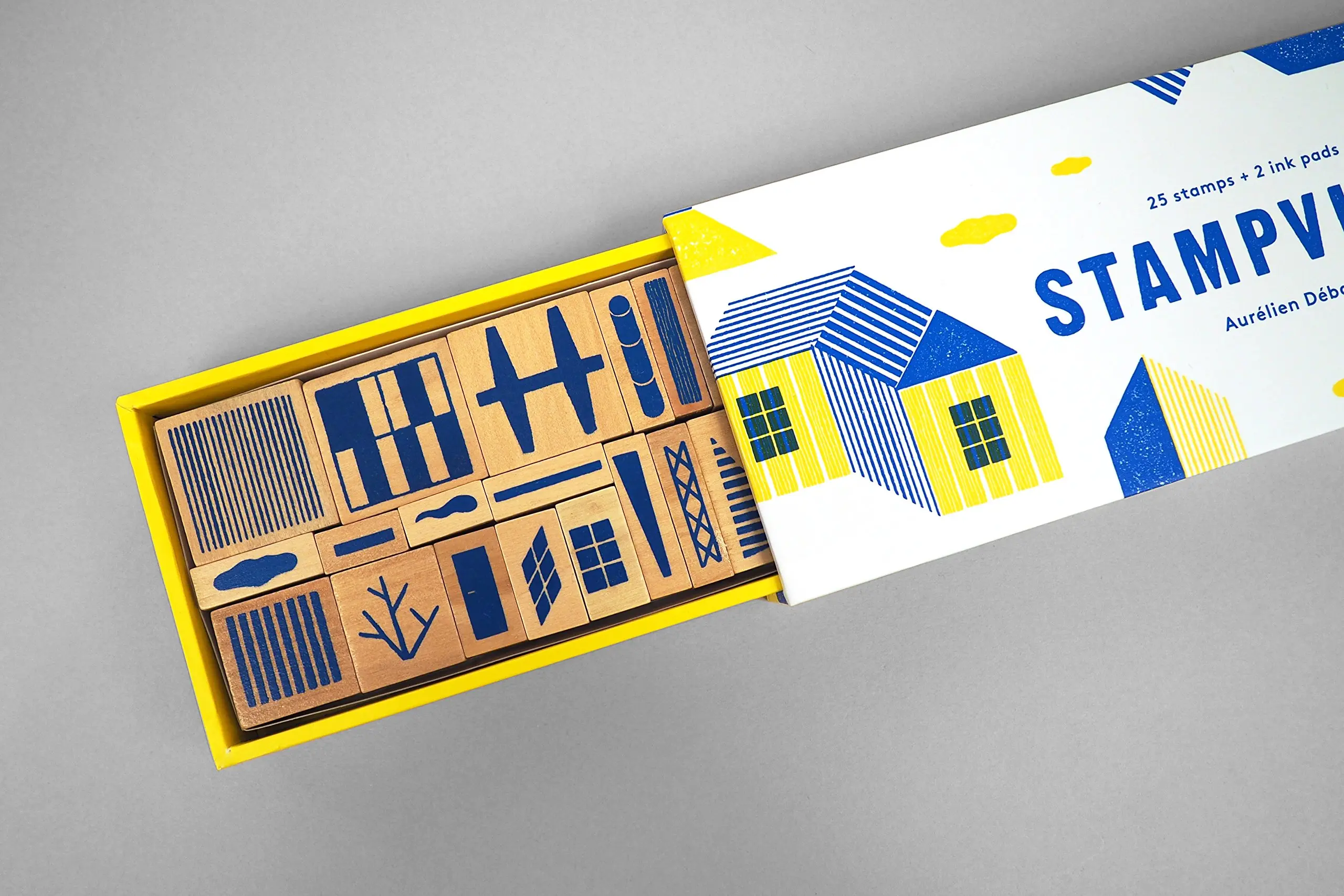 A city stamped from the Stampville set in yellow and blue ink, green where the two overlap