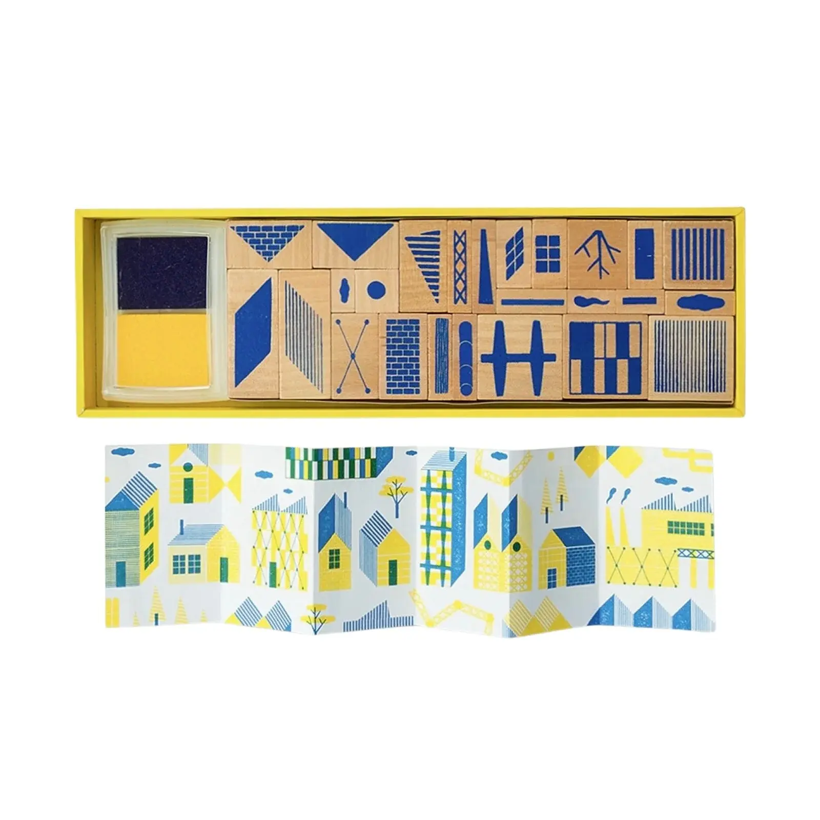The twenty-five Stampville rubber stamps laid out like a type case