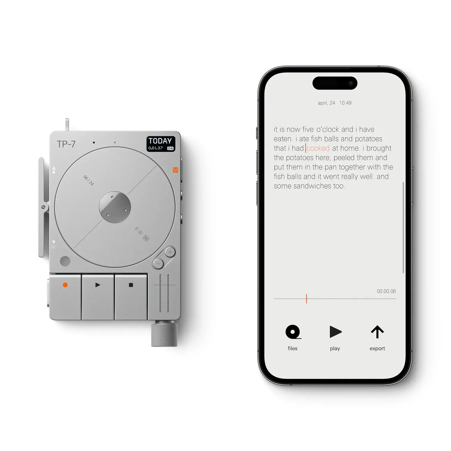 The TP-7 next to a phone running the companion app, showing a live speech-to-text transcription of a recording