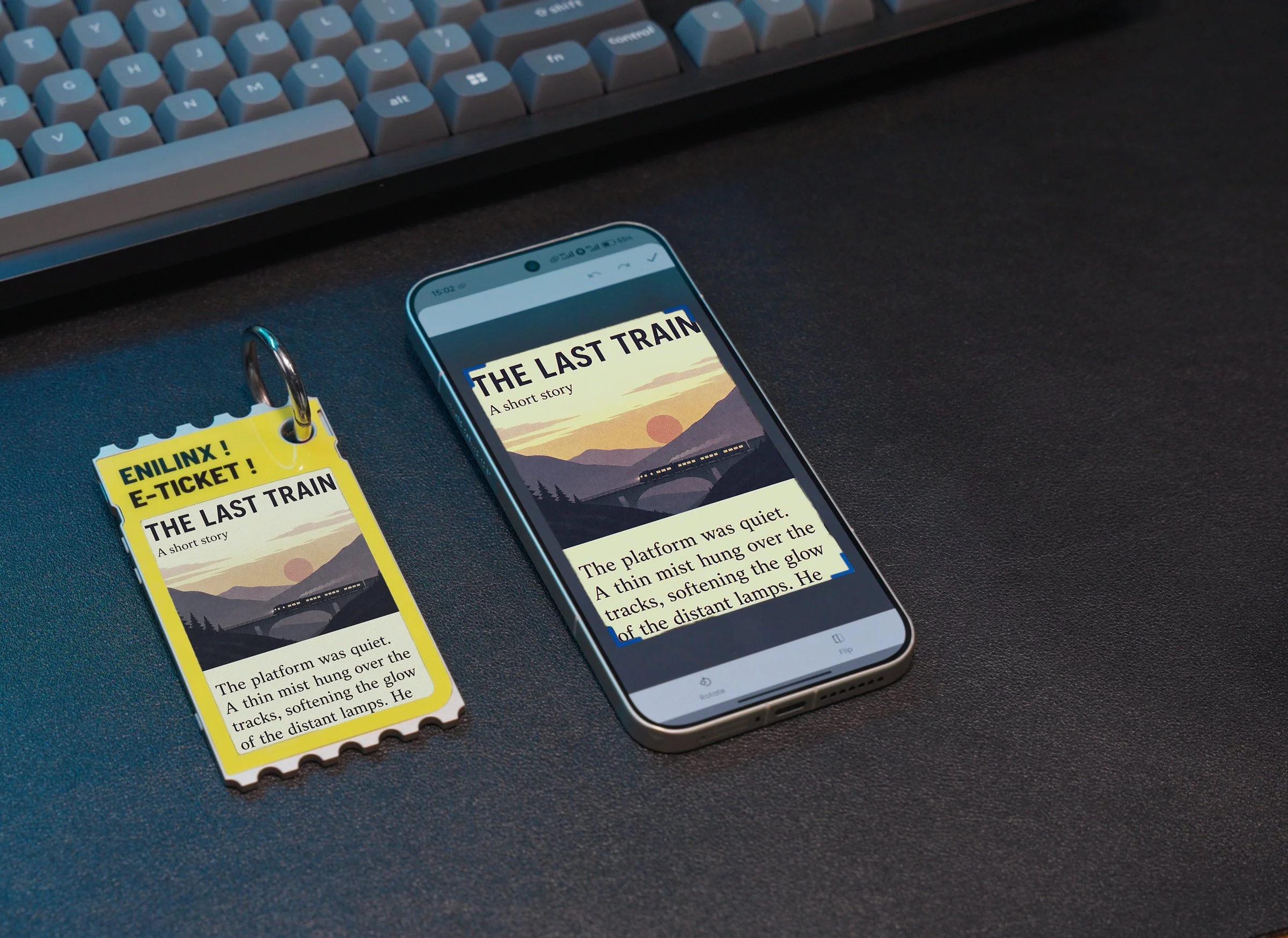 TICKEY showing the first page of a short story titled The Last Train, next to a phone with the same page