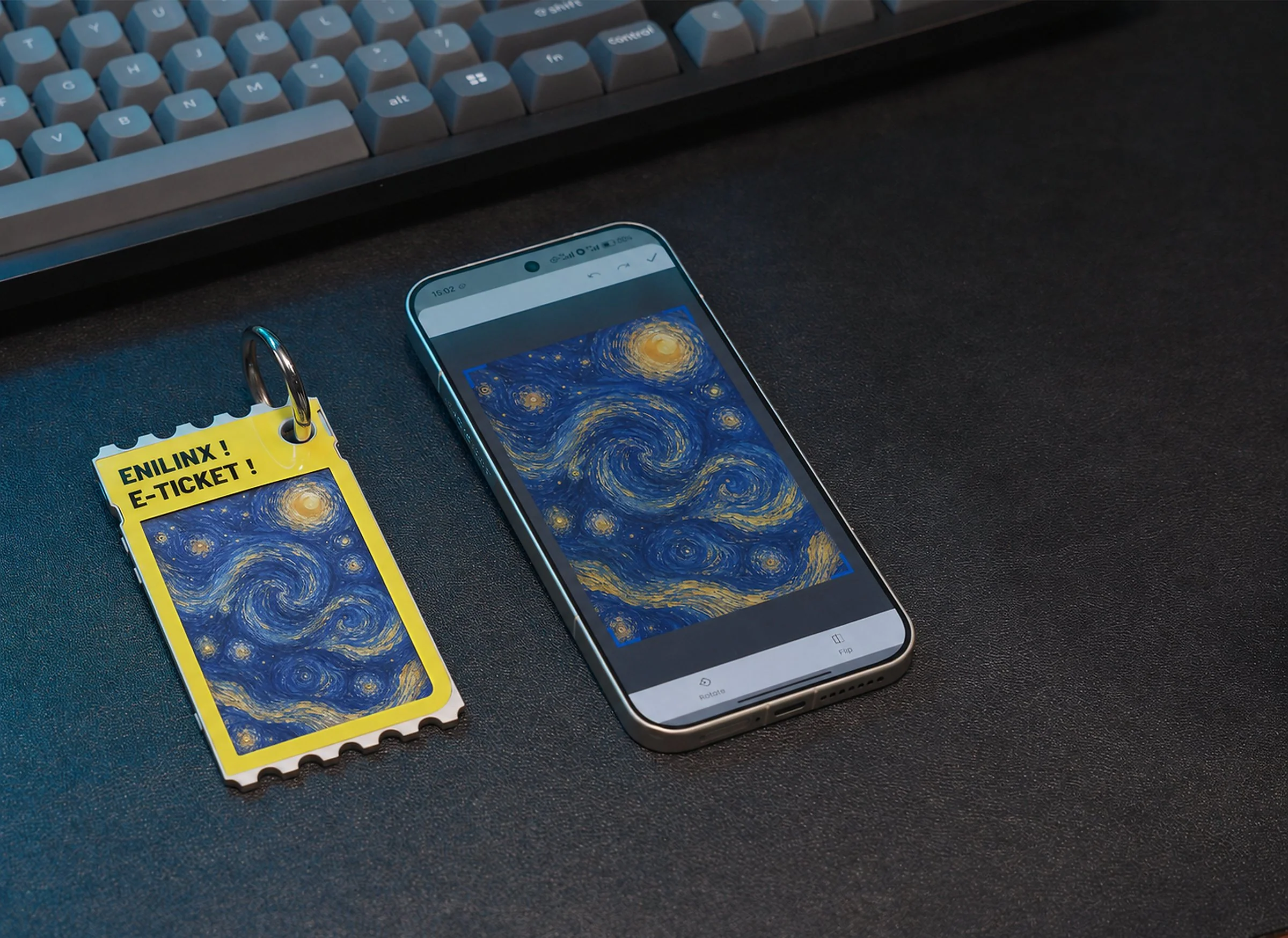 TICKEY showing a Van Gogh-style swirling night sky, next to a phone displaying the same image in the app