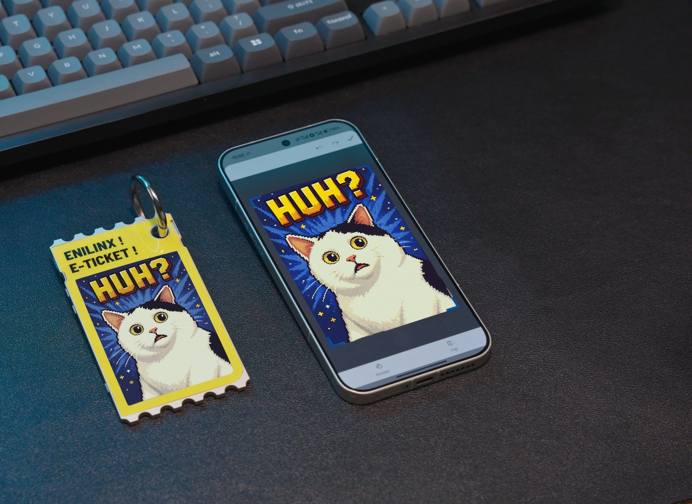 TICKEY showing a pixel-art cat with the word HUH?, next to a phone with the same image